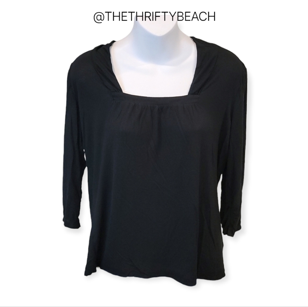 DKNY Jeans Black Square Neck Knit Blouse Tunic Top – Size Large Petite (LP)